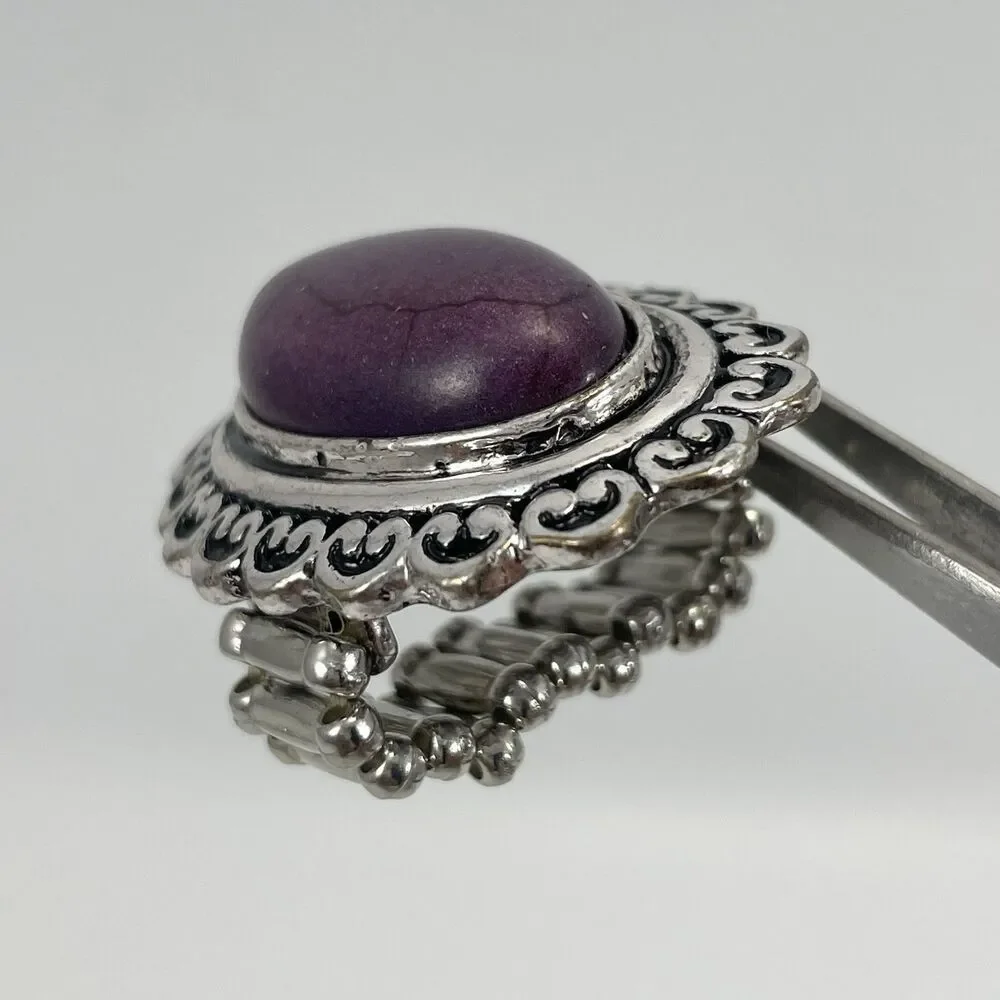 Purple Howlite Gemstone Oval Statement Silver Tone Stretch Ring Art Deco